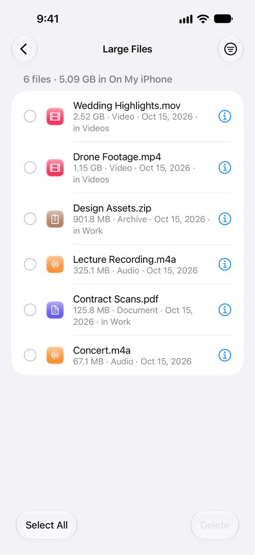 Large files list with sizes and folders